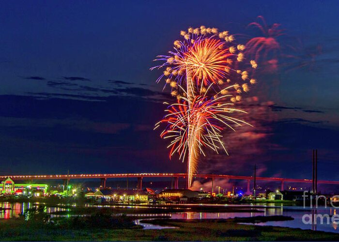 Surf City Greeting Card featuring the photograph Surf City Fireworks 2019-3 by DJA Images