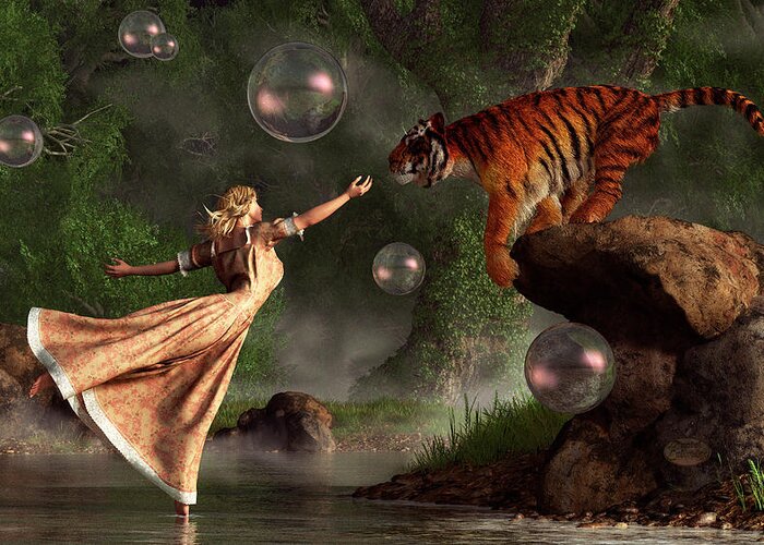 Surreal Tiger Bubble Water Dancer Greeting Card featuring the painting Surreal Tiger Bubble Water Dancer by Daniel Eskridge