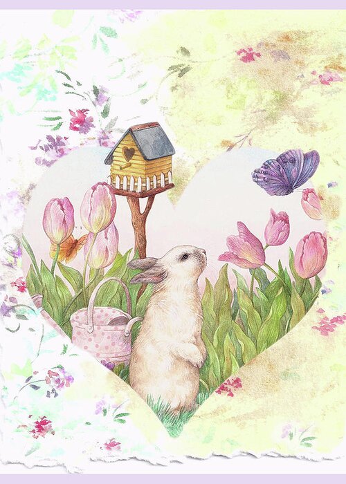 Soft Nursery Wall Art Greeting Card featuring the painting Sweet Heart Bunny and Butterfly by Judith Cheng