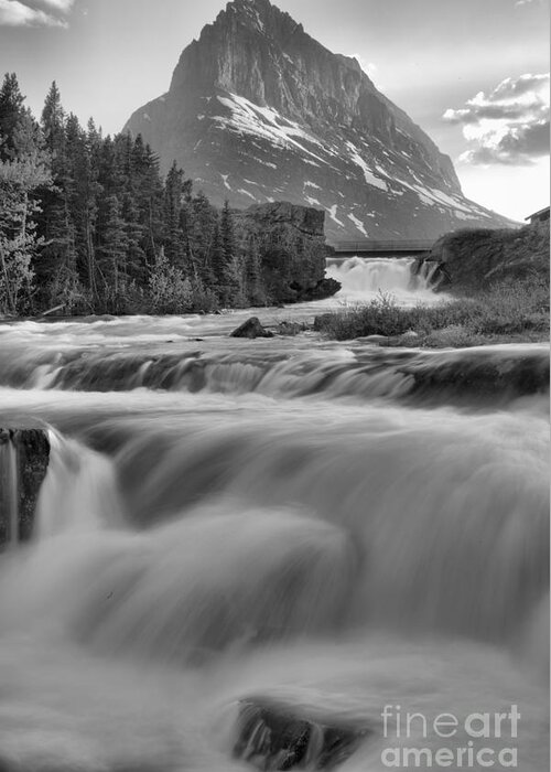 Swift Current Falls Greeting Card featuring the photograph Swiftcurrent Falls Spring SUnset Black And White by Adam Jewell