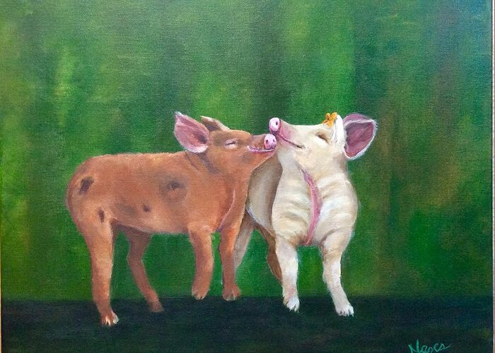 Pigs Greeting Card featuring the painting Swine Snuggles by Deborah Naves