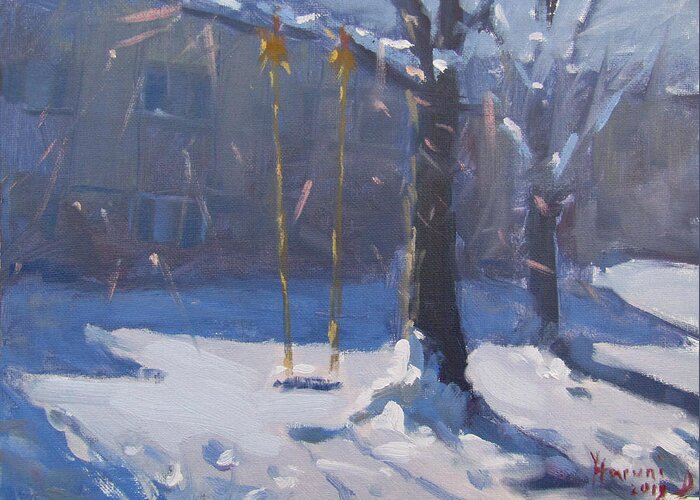 Swing Greeting Card featuring the painting Swing and Snow by Ylli Haruni
