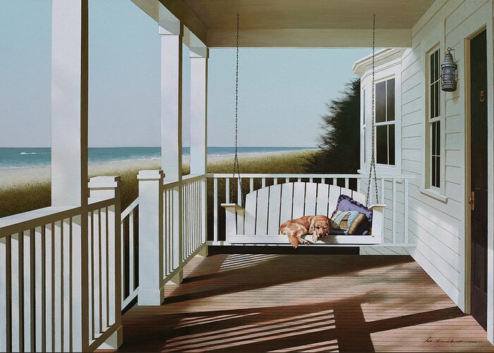Swing Chair On A Porch With A Dog Lying On It Greeting Card featuring the painting Swing Chair by Zhen-huan Lu