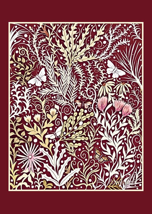 Lise Winne Greeting Card featuring the mixed media Tapestry Design, With White Butterflies, In a Deep Rich Red by Lise Winne