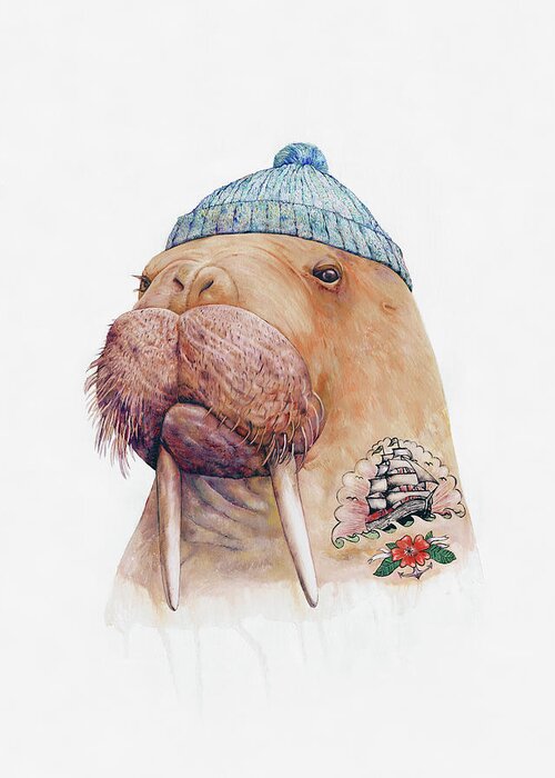 Tattoo Greeting Card featuring the painting Tattooed Walrus by Animal Crew