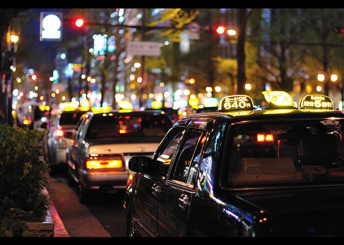 Osaka Prefecture Greeting Card featuring the photograph Taxis On Street At Night by Thank You For Choosing My Work.