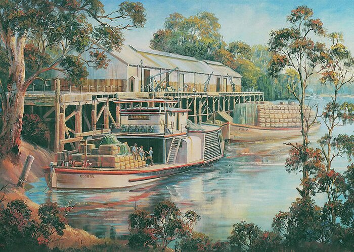 Boats Greeting Card featuring the painting Tea Break - Echuca by John Bradley