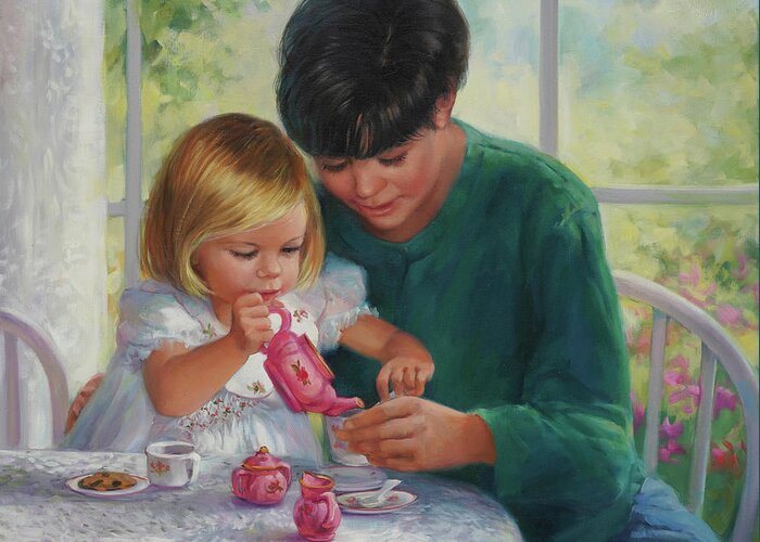 Mother And Daughter Greeting Card featuring the painting Tea for two by Laurie Snow Hein