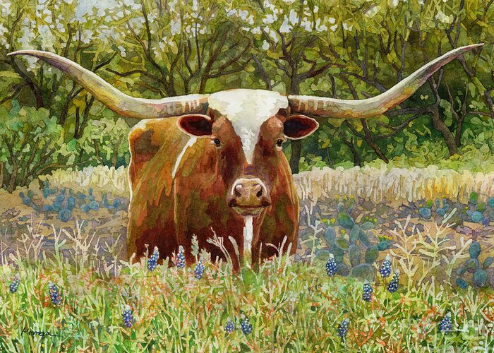 Longhorn Greeting Card featuring the painting Texas Longhorn by Hailey E Herrera