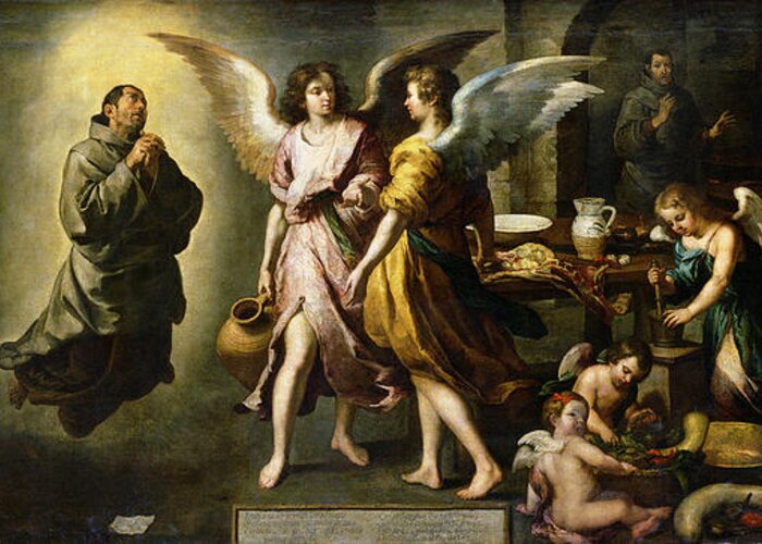 17th Century Greeting Card featuring the painting The Angels' Kitchen, 1646 by Bartolome Esteban Murillo