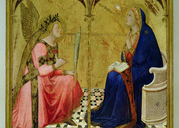 Angel Greeting Card featuring the painting The Annunciation, 1344 by Ambrogio Lorenzetti