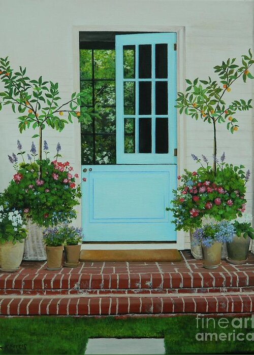 Tropical Landscape Greeting Card featuring the painting The Blue Door by Kenneth Harris