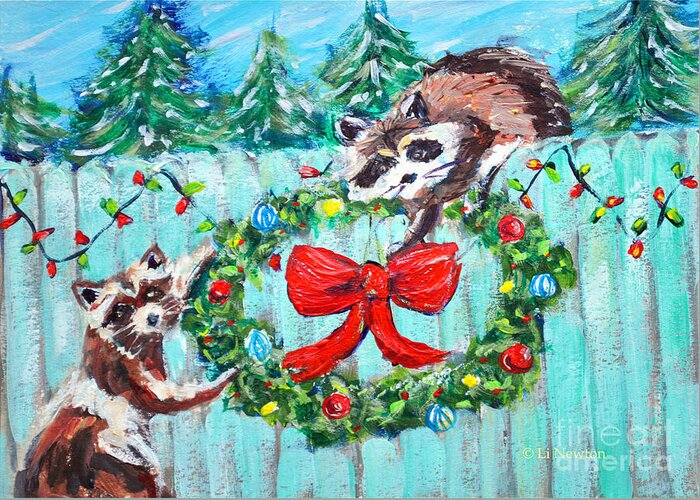 Christmas Holiday Holiday Cards Card Raccoon Raccoons Fence Wreath Wreaths Winter Seasonal Greeting Card featuring the painting The Christmas Thieves by Li Newton