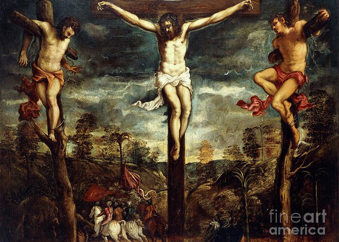 16th Century Greeting Card featuring the painting The Crucifixion, 1554-55 by Jacopo Robusti Tintoretto
