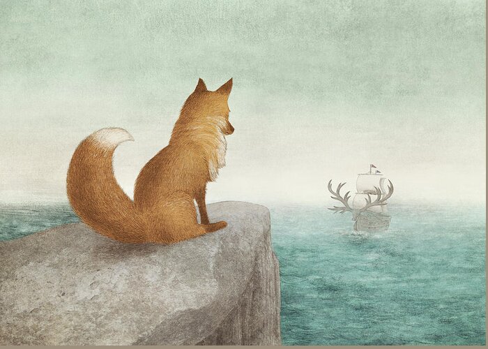 Fox Greeting Card featuring the drawing The Day the Antlered Ship Arrived by Eric Fan