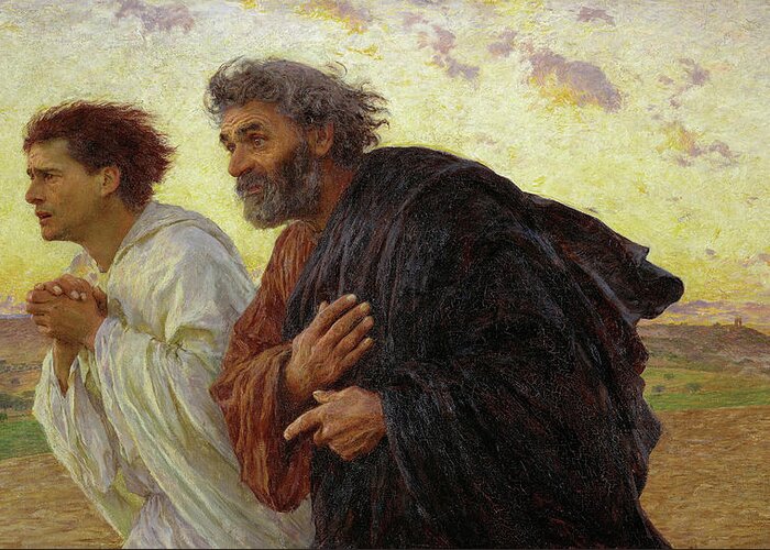Eugene Burnand Greeting Card featuring the painting The Disciples Peter and John running to the tomb on the morning of the Resurrection, 1898 by Eugene Burnand
