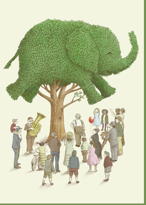 Elephant Greeting Card featuring the drawing The Elephant Tree by Eric Fan