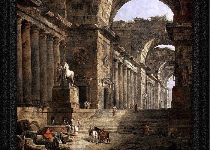 The Fountain Greeting Card featuring the painting The Fountains by Hubert Robert by Rolando Burbon