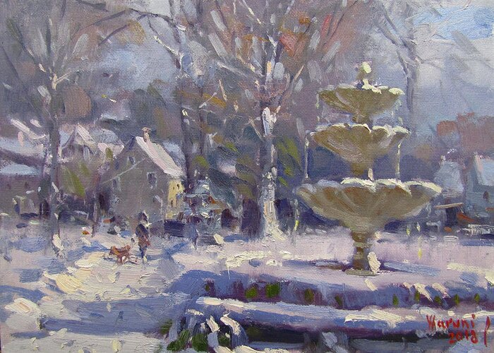 Frozen Fountain Greeting Card featuring the painting The Frozen Fountain by Ylli Haruni
