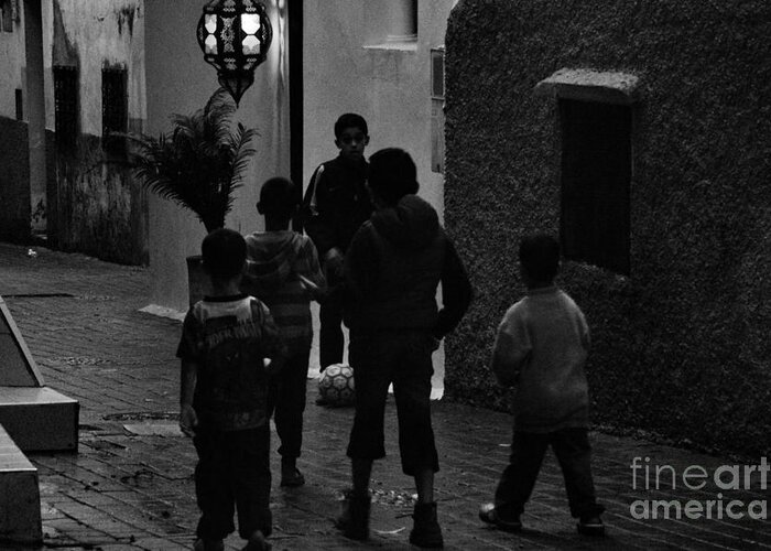Children Greeting Card featuring the photograph The game in Tangiers - black and white by Yavor Mihaylov