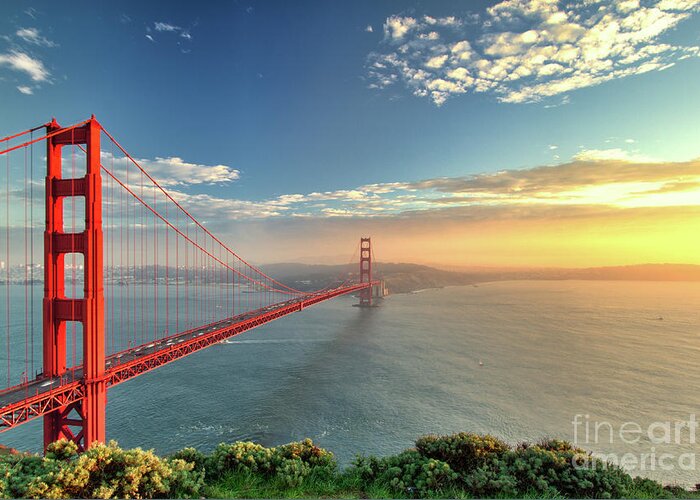 Scenics Greeting Card featuring the photograph The Golden Gate Bridge During Sunset In by Prab S