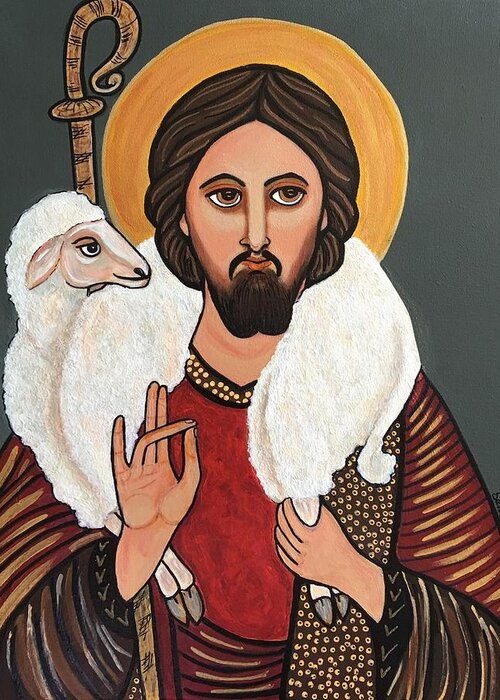 The Good Shepherd/jesus/lamb Greeting Card featuring the painting The Good Shepherd by Susie Grossman