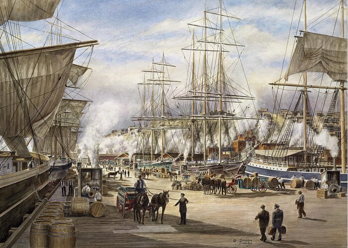 A Busy Wharf Scene
Ships Greeting Card featuring the painting The Green St. Wharf by Stanton Manolakas
