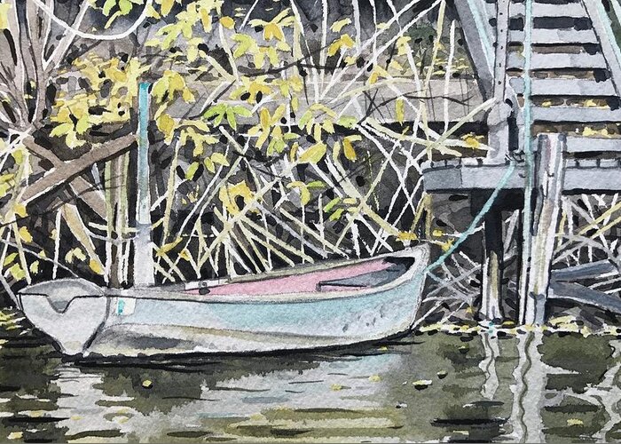 Watercolor Greeting Card featuring the painting The Grey Skiff in Fall by Luisa Millicent