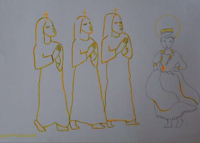 Jesus Christ Greeting Card featuring the painting The Holy Trinity And Mary Mother of God Lord of The Dance As Sung By Many A Choir France by Gloria Ssali