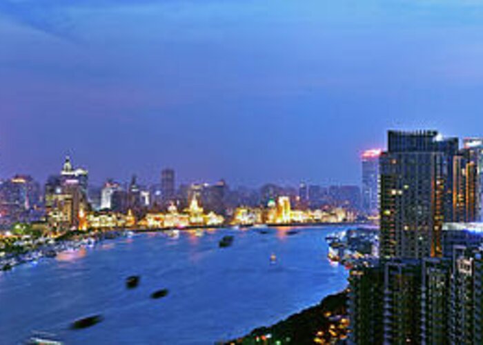 Panoramic Greeting Card featuring the photograph The Huangpu River Panoramic View by Blackstation