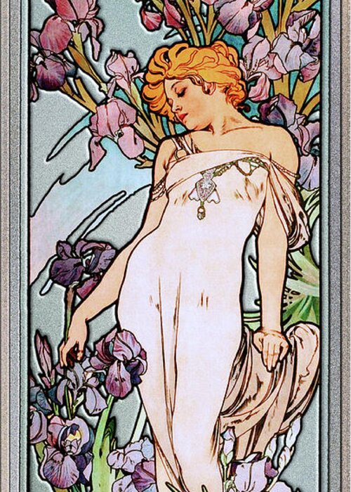 The Iris Greeting Card featuring the painting The Iris by Alphonse Mucha Art Nouveau Artwork by Rolando Burbon