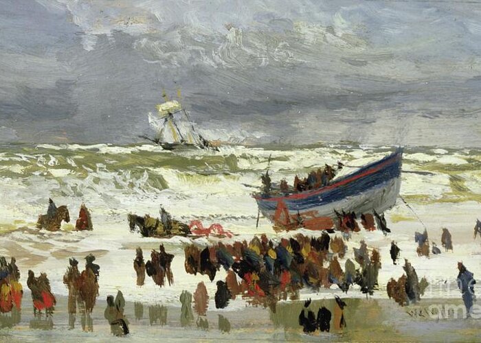 Boat Greeting Card featuring the painting The Launch Of The Life Boat by William Lionel Wyllie