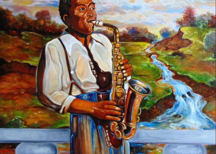Black Music Greeting Card featuring the painting The Love Of Music by Emery Franklin