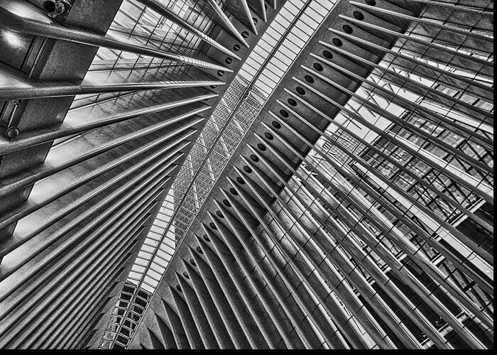 Black And White Photo Of Ceiling The Oculus At World Trade Center Greeting Card featuring the photograph The Oculus by Joan Reese
