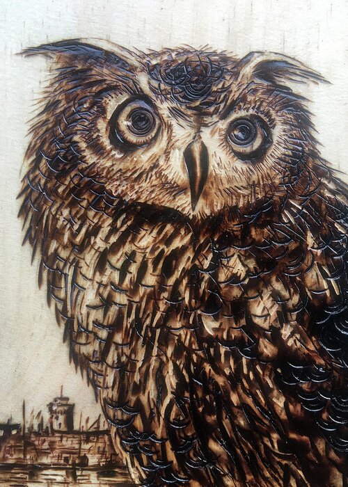 Pyrography Greeting Card featuring the pyrography The Owl by Franco Puliti
