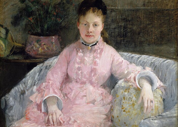 Berthe Morisot Greeting Card featuring the painting The Pink Dress -Albertie-Marguerite Carre, later Madame Ferdinand-Henri Himmes, 1854-1935-. by Berthe Morisot