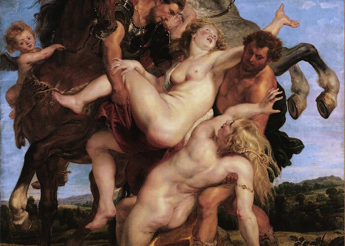Rape Of The Daughters Of Leucippus Greeting Card featuring the painting The Rape of the Daughters of Leucippus by Peter Paul Rubens by Rolando Burbon