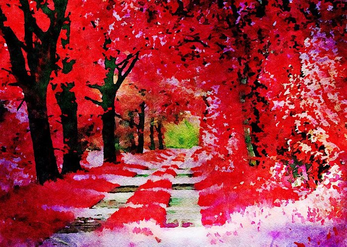 Red Greeting Card featuring the painting The red autumn forest - Watercolor by Patricia Piotrak