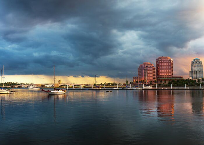 Boats Greeting Card featuring the photograph The Skyline of West Palm Beach at Sunset by Debra and Dave Vanderlaan
