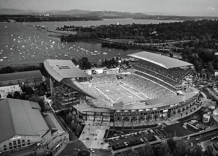 Husky Stadium Greeting Card featuring the photograph The Stadium and the Mountain Monochrome by Max Waugh