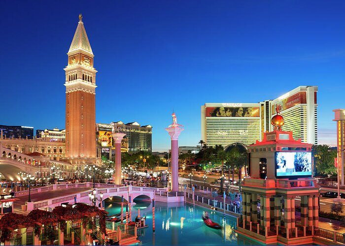 Downtown District Greeting Card featuring the photograph The Strip And Venetian Hotel, Las by Sylvain Sonnet
