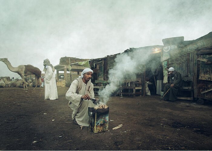 Documentary Greeting Card featuring the photograph The Tale Of Camel Market by Mohamed Fawzy Kutp