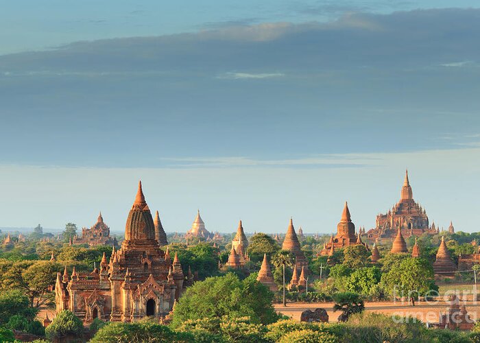 Dusk Greeting Card featuring the photograph The Temples Of Bagan At Sunrise Bagan by Lkunl