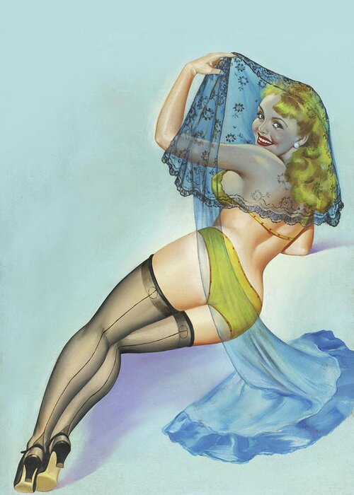 Pinup Greeting Card featuring the painting The Veil by Peter Driben