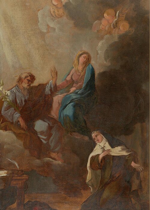 Oil Paint Over Pen And Brown Ink On Paper Mounted On Canvas Greeting Card featuring the painting The Virgin Placing St. Teresa of Avila Under the Protection of St. Joseph. by Francois Guillaume Menageot