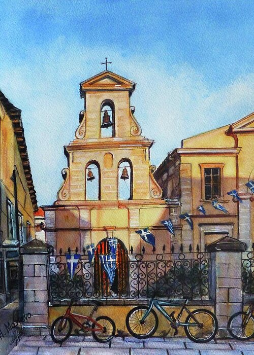 Lefkada Greeting Card featuring the painting Theotokos Church, Lefkada, Greece by Henrieta Maneva