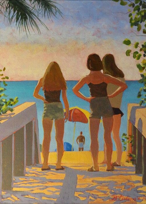 Beach Greeting Card featuring the painting Three Beach Girls by David Gilmore