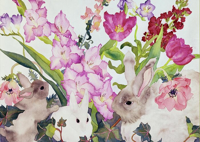 Three Bunnies Greeting Card featuring the painting Three Bunnies by Carissa Luminess