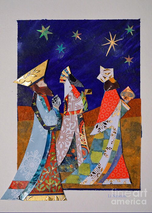 Three King Wisemen Wise Men Collage Mixed Media Star Sky. Greeting Card featuring the mixed media Three Kings by Li Newton