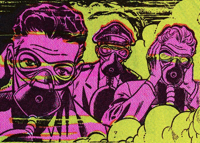 Adult Greeting Card featuring the drawing Three People Wearing Gas Masks by CSA Images